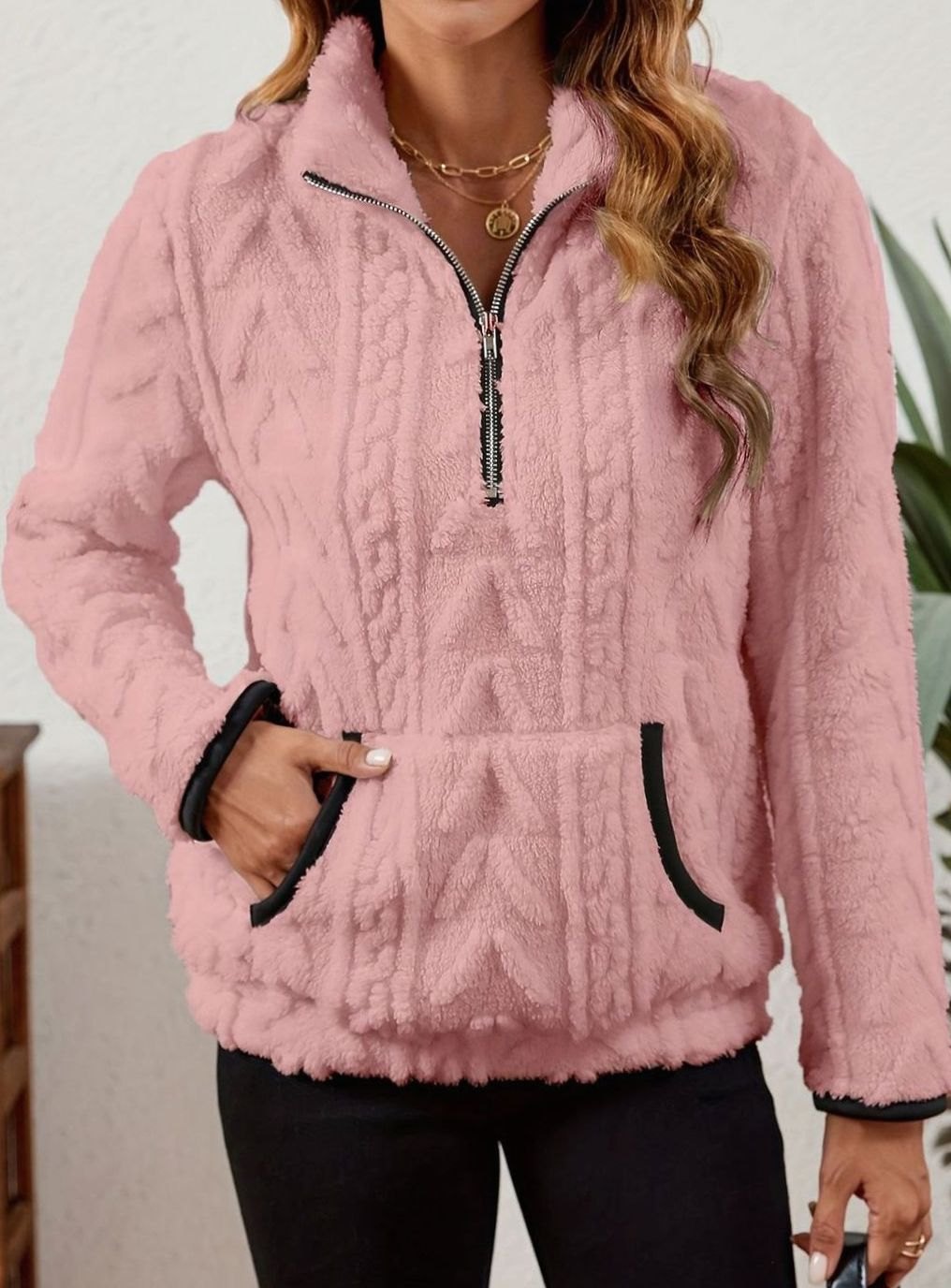 Women's Teddy-Texture Half-Zip Pullover with Pouch Pocket