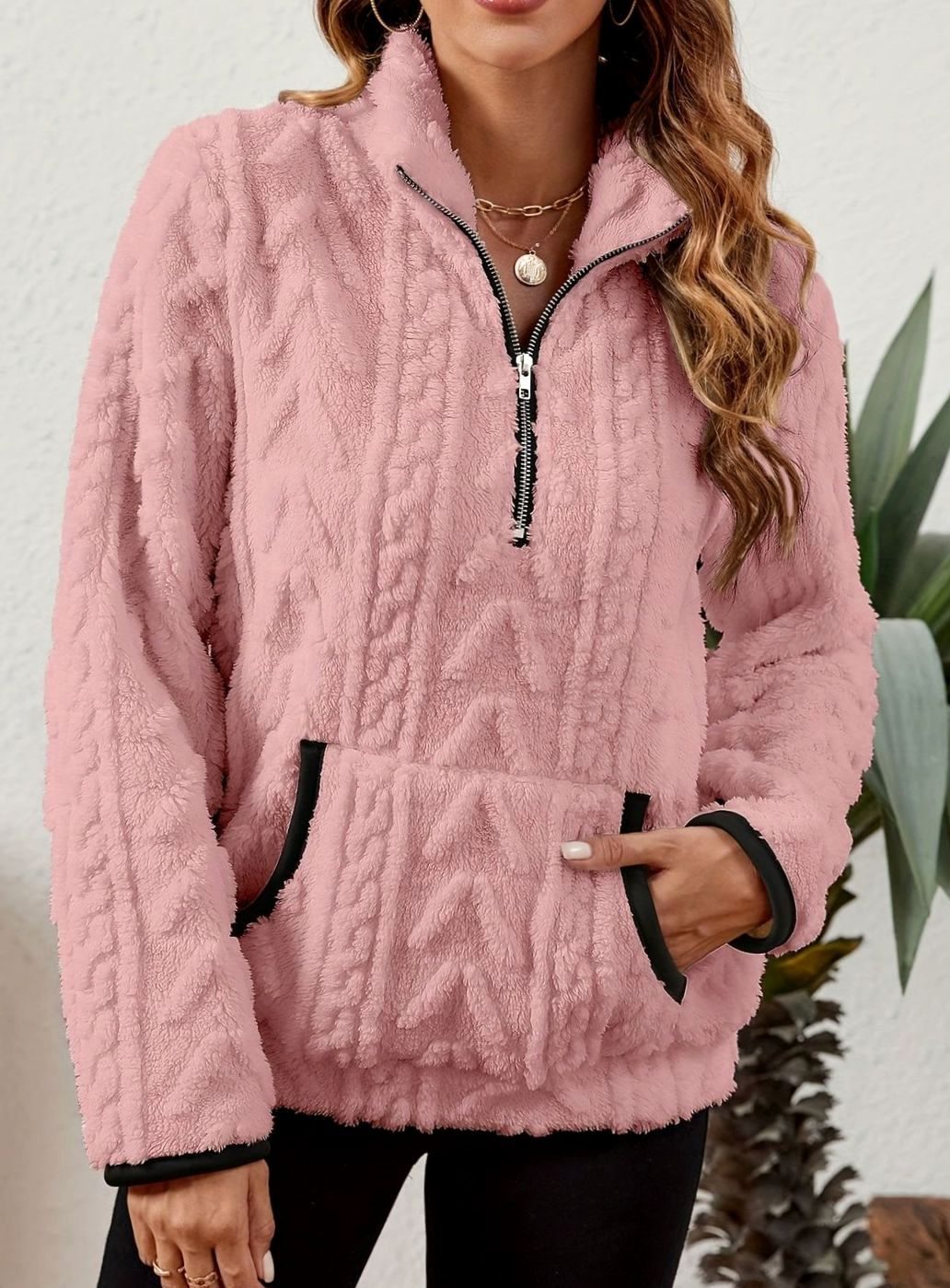 Women's Teddy-Texture Half-Zip Pullover with Pouch Pocket