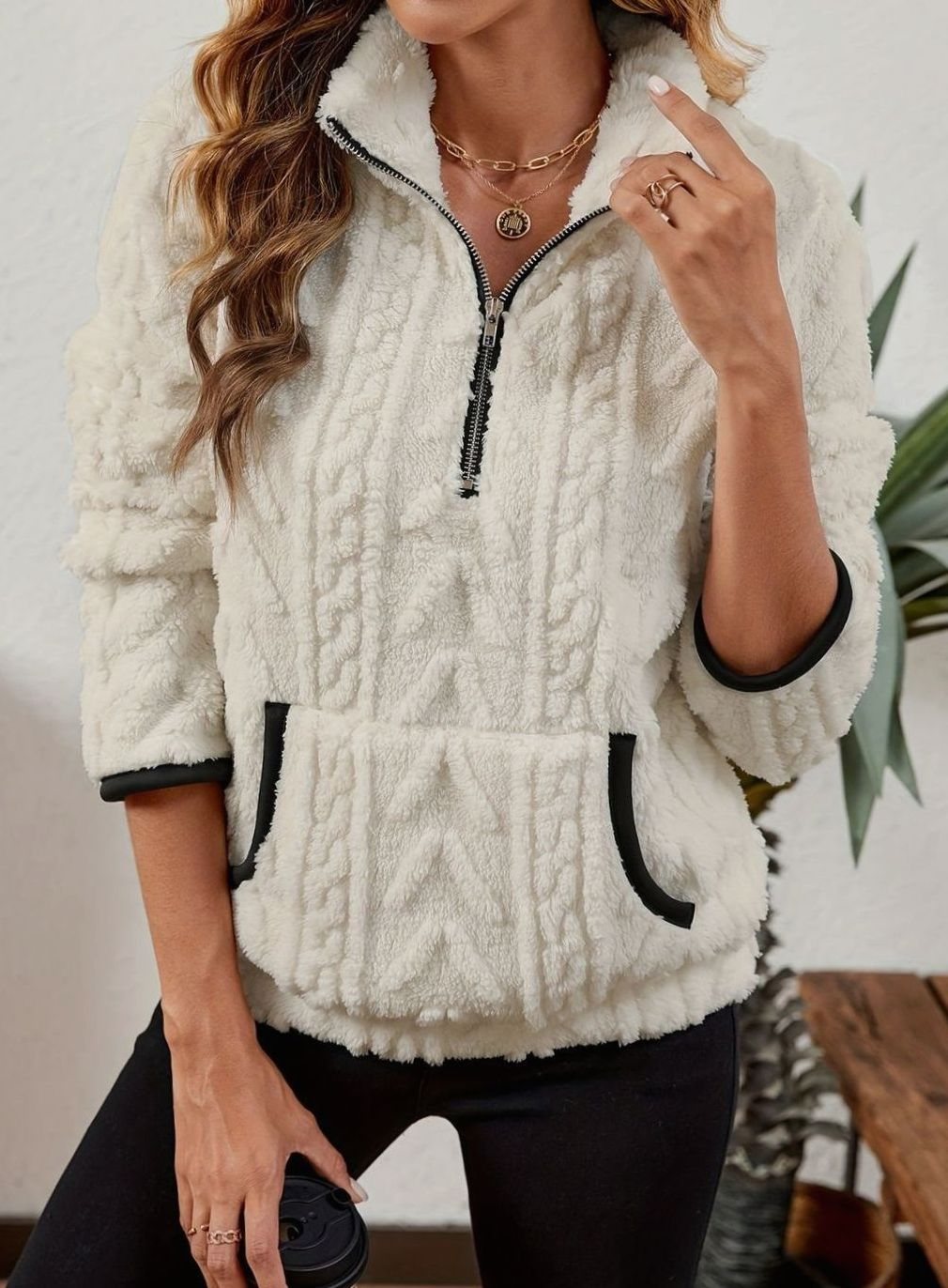 Women's Teddy-Texture Half-Zip Pullover with Pouch Pocket