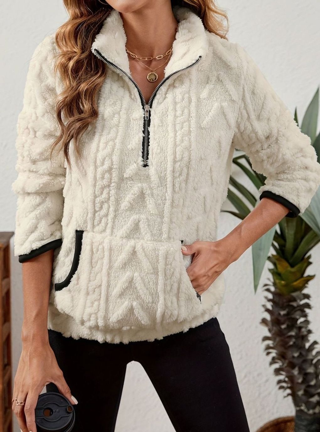 Women's Teddy-Texture Half-Zip Pullover with Pouch Pocket