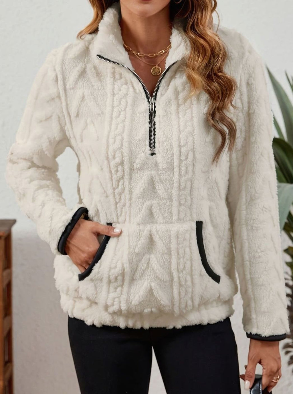 Women's Teddy-Texture Half-Zip Pullover with Pouch Pocket