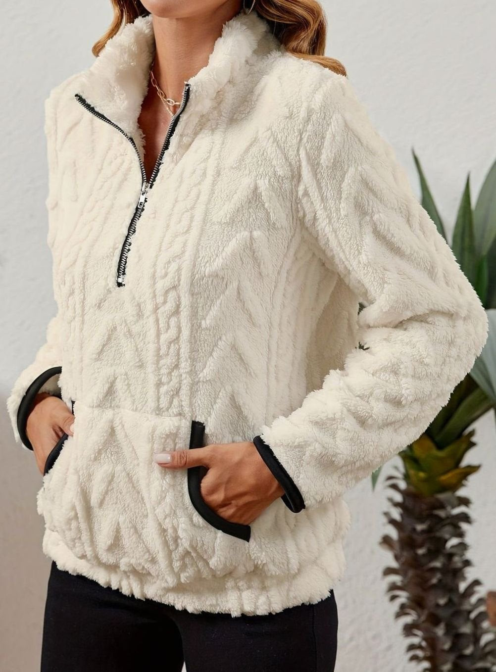 Women's Teddy-Texture Half-Zip Pullover with Pouch Pocket