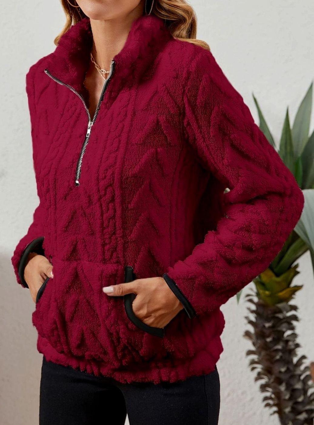 Women's Teddy-Texture Half-Zip Pullover with Pouch Pocket