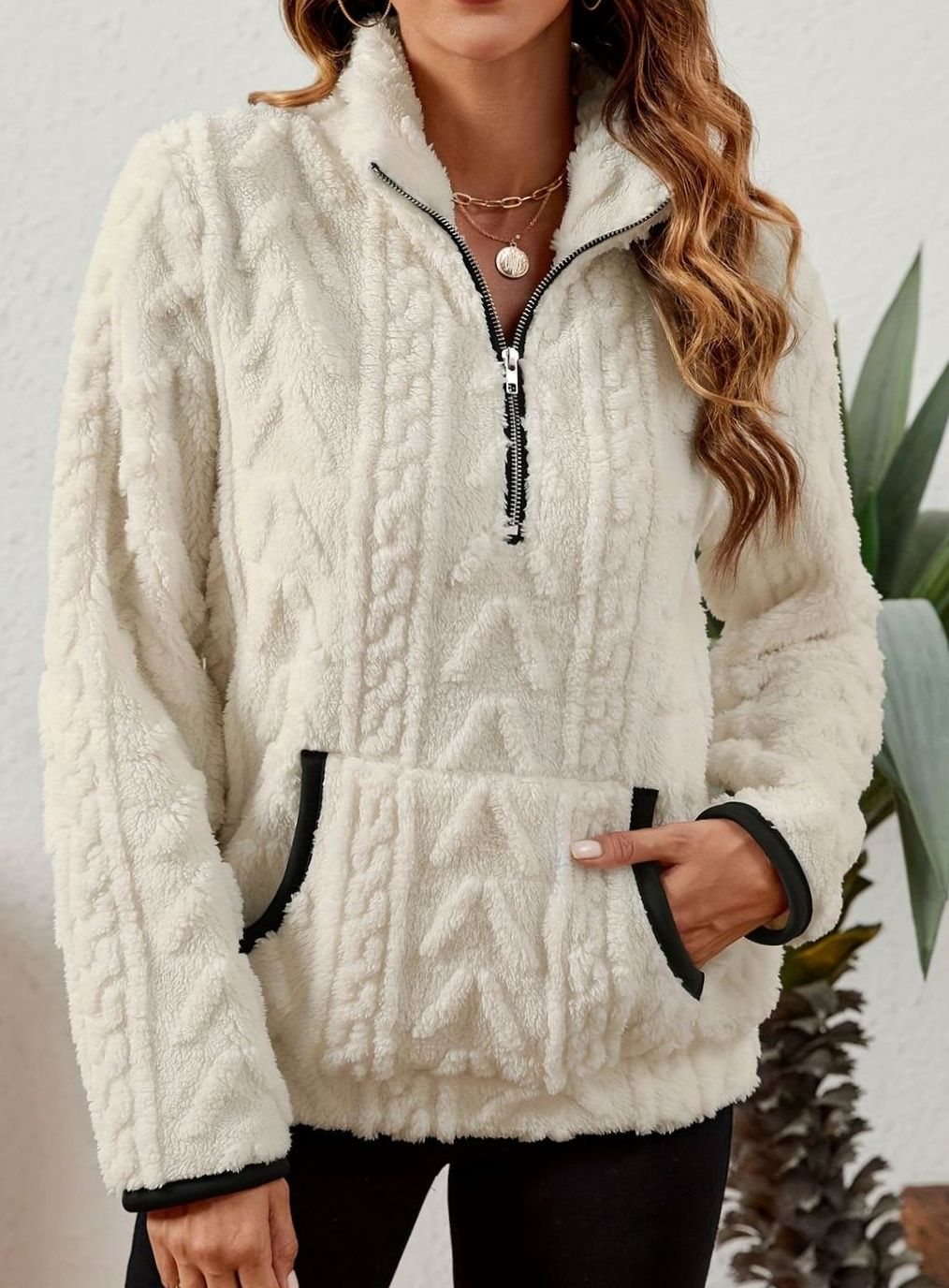 Women's Teddy-Texture Half-Zip Pullover with Pouch Pocket