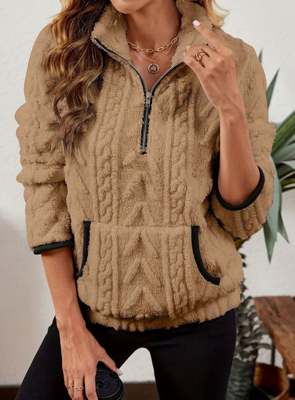 Women's Teddy-Texture Half-Zip Pullover with Pouch Pocket