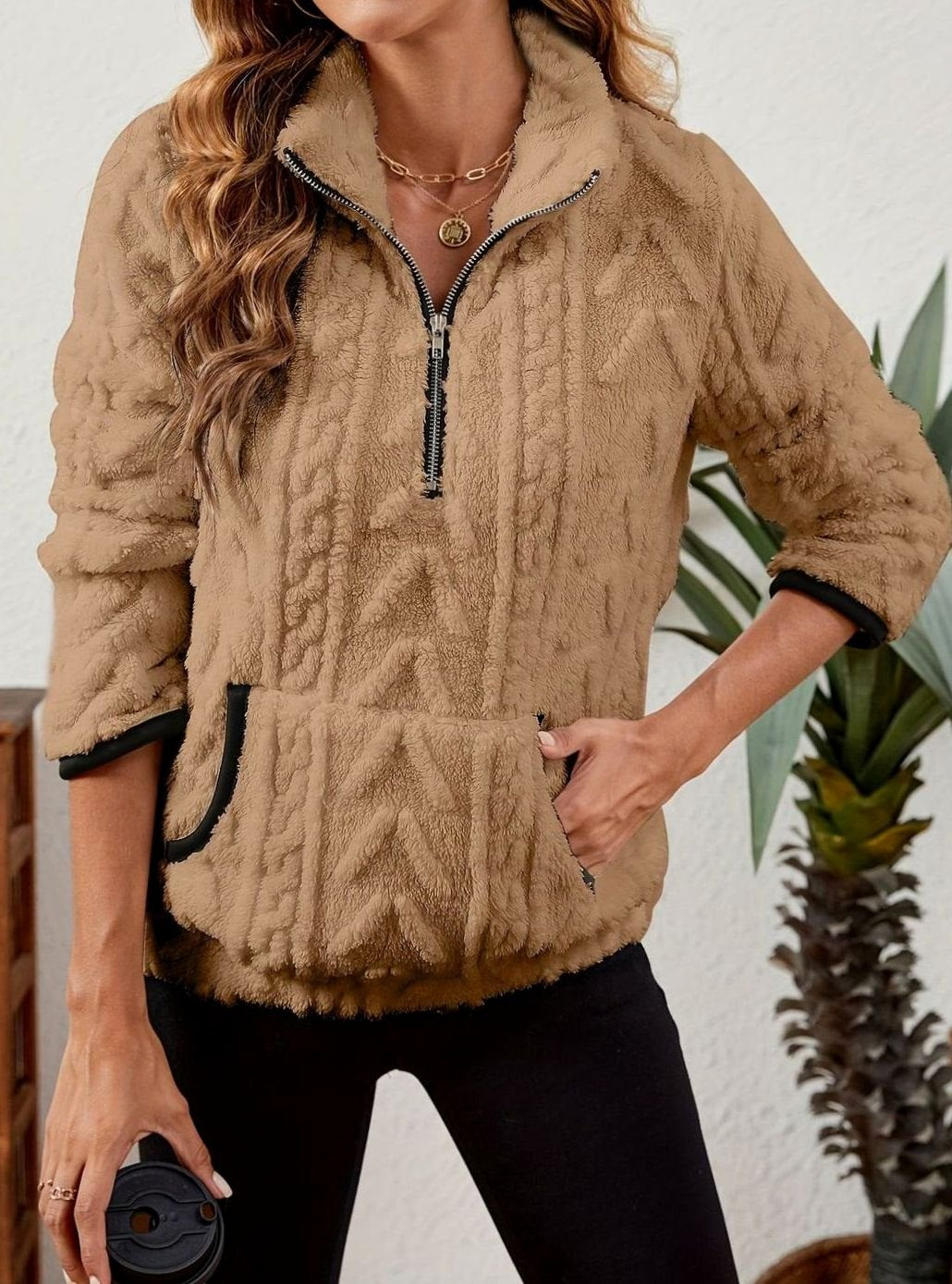 Women's Teddy-Texture Half-Zip Pullover with Pouch Pocket