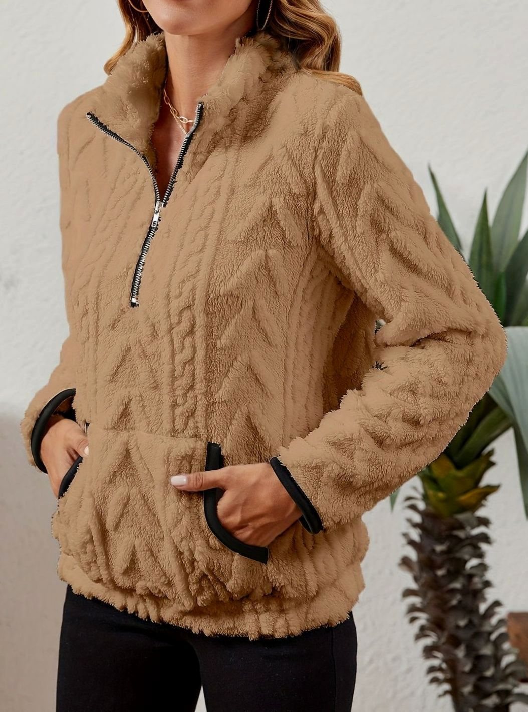 Women's Teddy-Texture Half-Zip Pullover with Pouch Pocket