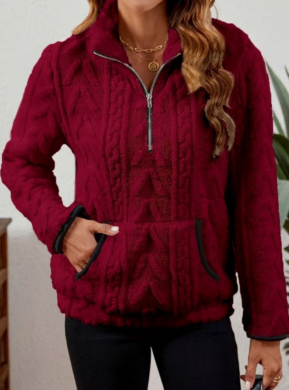 Women's Teddy-Texture Half-Zip Pullover with Pouch Pocket
