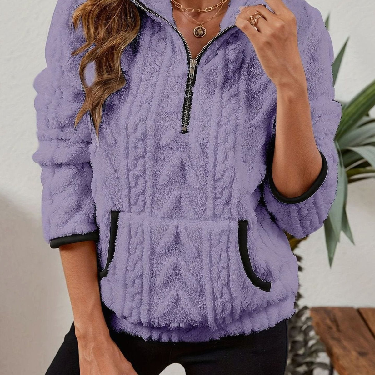 Women's Teddy-Texture Half-Zip Pullover with Pouch Pocket - Purple