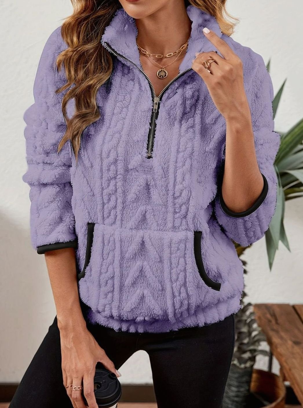 Women's Teddy-Texture Half-Zip Pullover with Pouch Pocket
