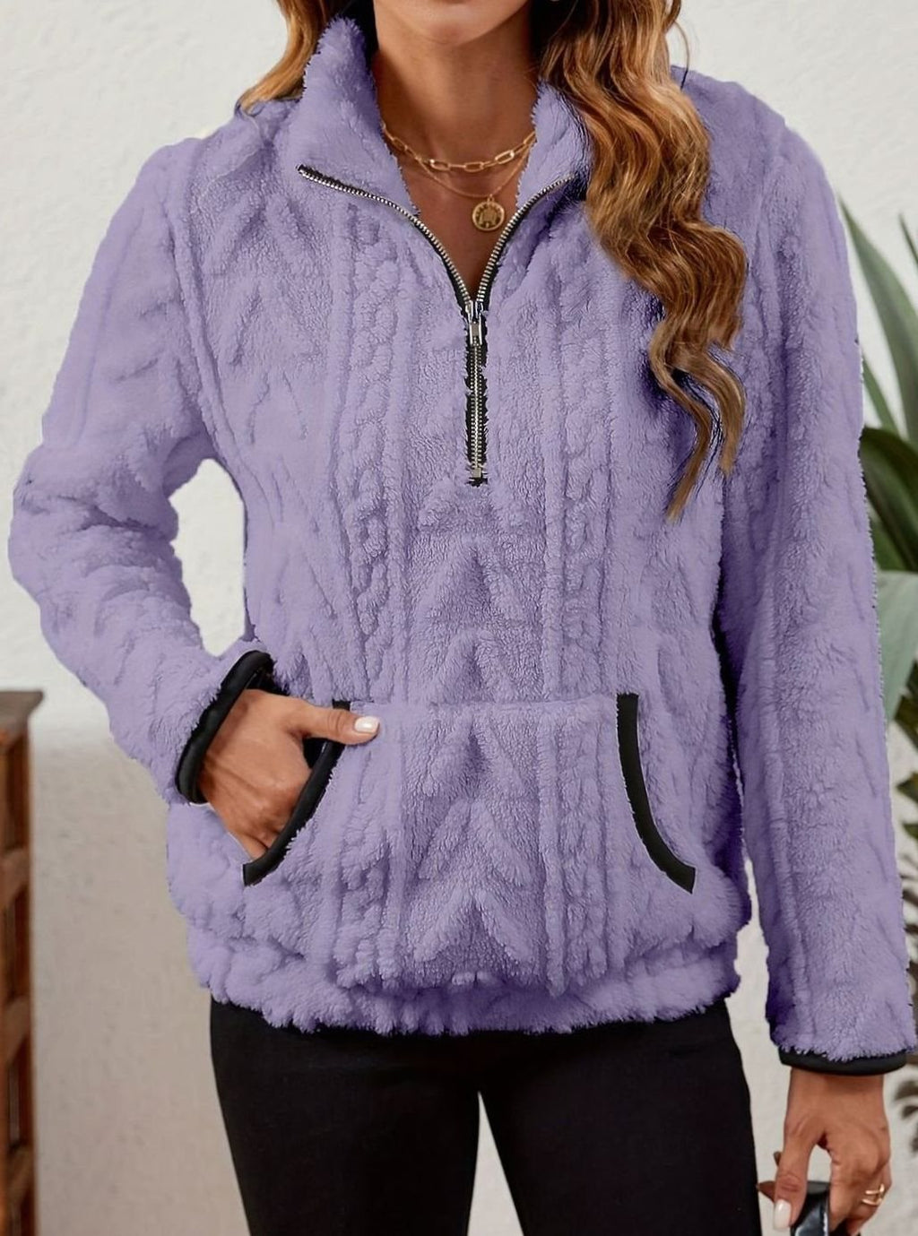 Women's Teddy-Texture Half-Zip Pullover with Pouch Pocket