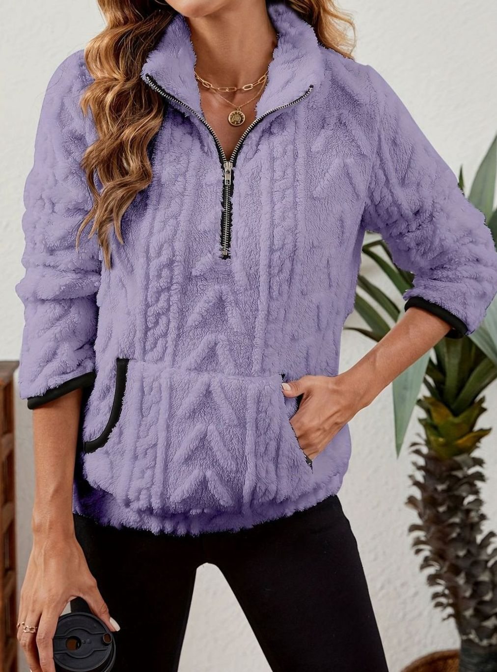 Women's Teddy-Texture Half-Zip Pullover with Pouch Pocket