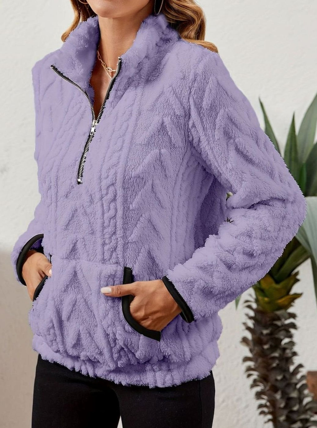 Women's Teddy-Texture Half-Zip Pullover with Pouch Pocket