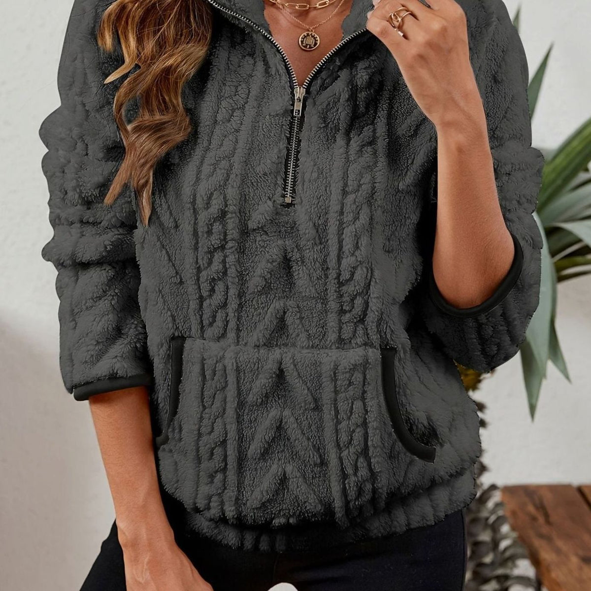 Women's Teddy-Texture Half-Zip Pullover with Pouch Pocket - Dark Gray