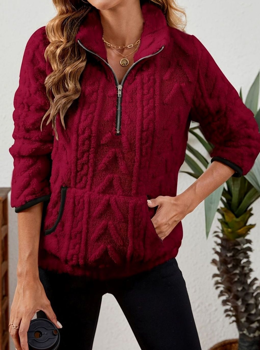 Women's Teddy-Texture Half-Zip Pullover with Pouch Pocket