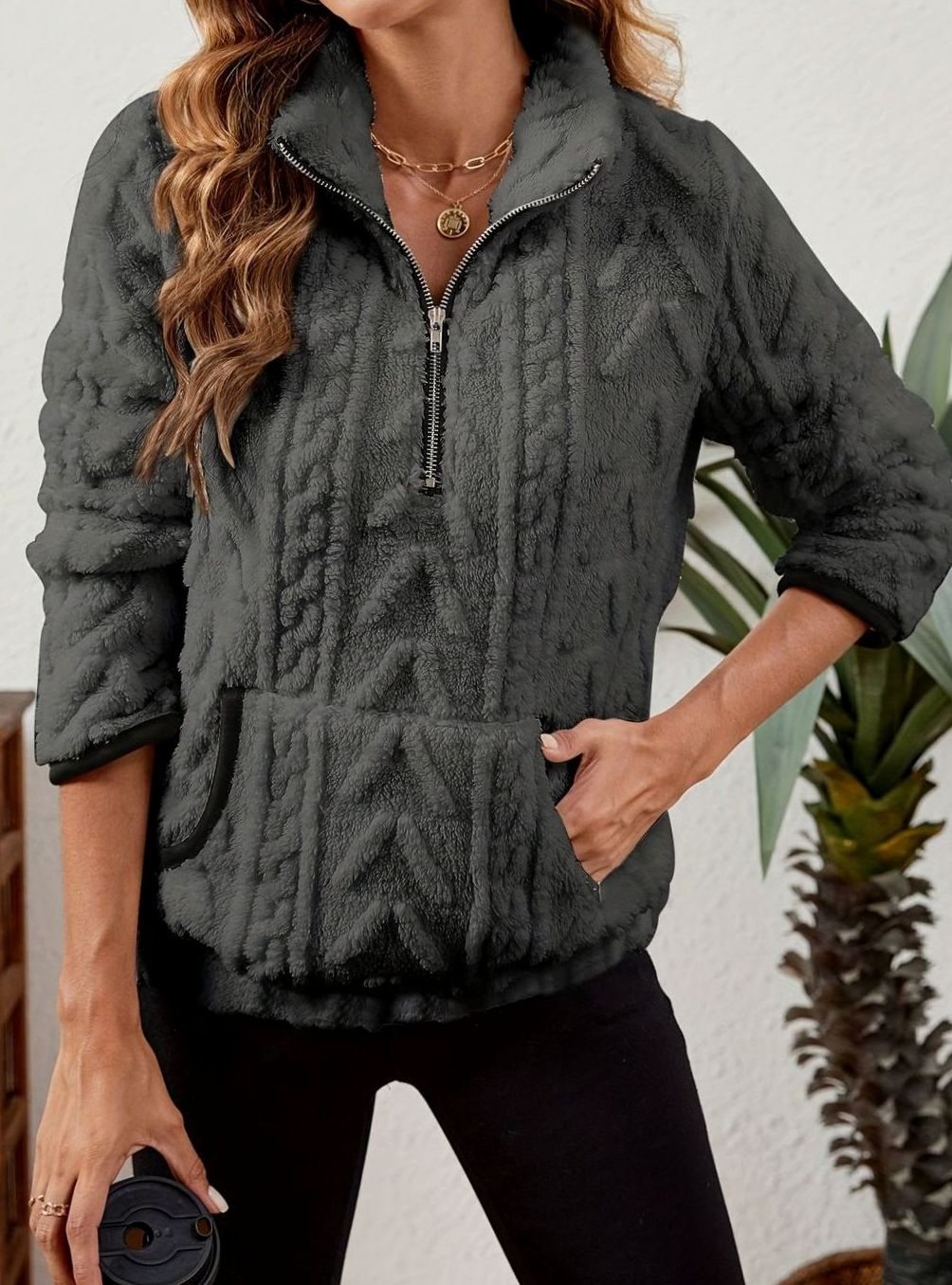 Women's Teddy-Texture Half-Zip Pullover with Pouch Pocket