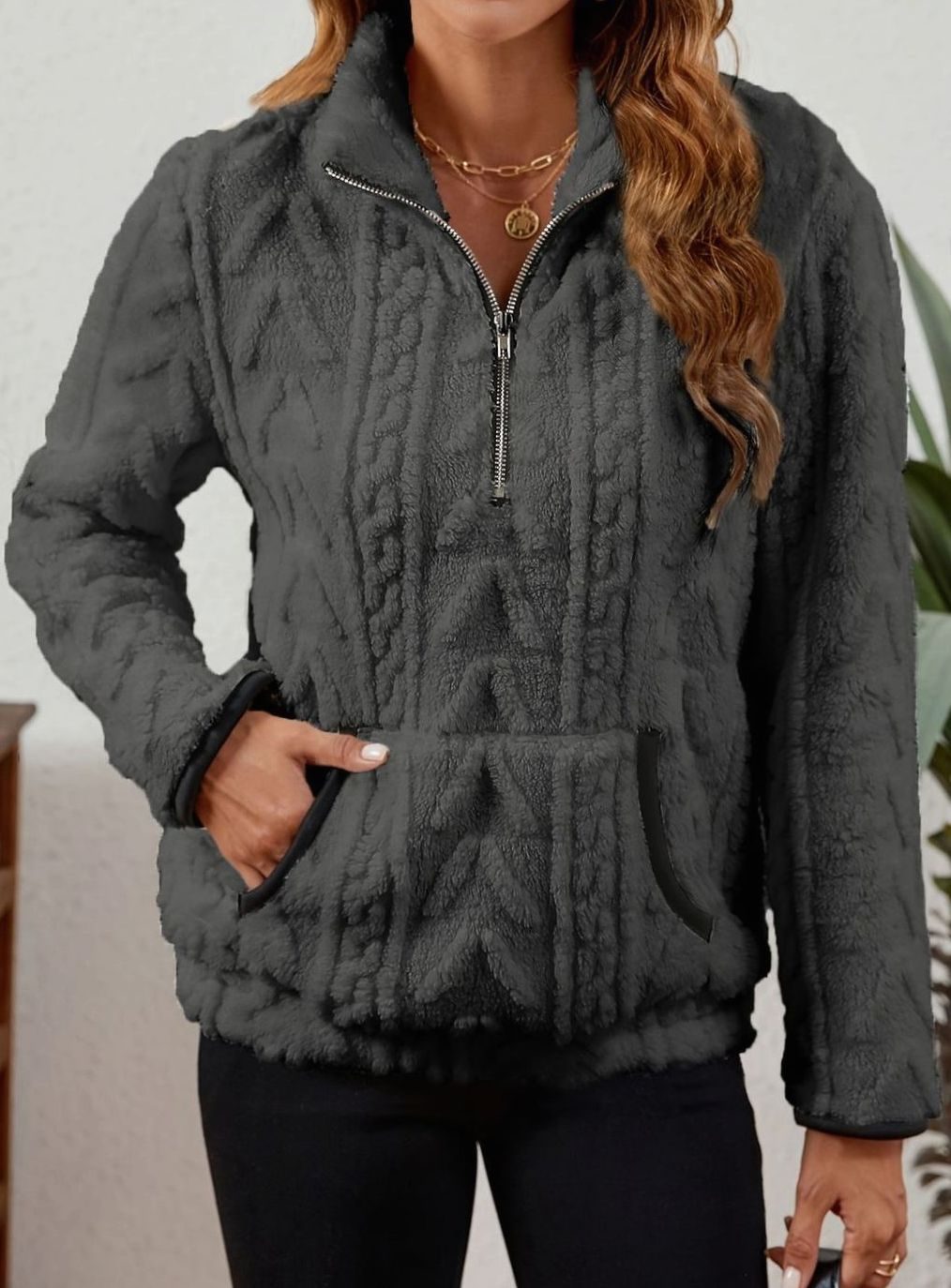 Women's Teddy-Texture Half-Zip Pullover with Pouch Pocket