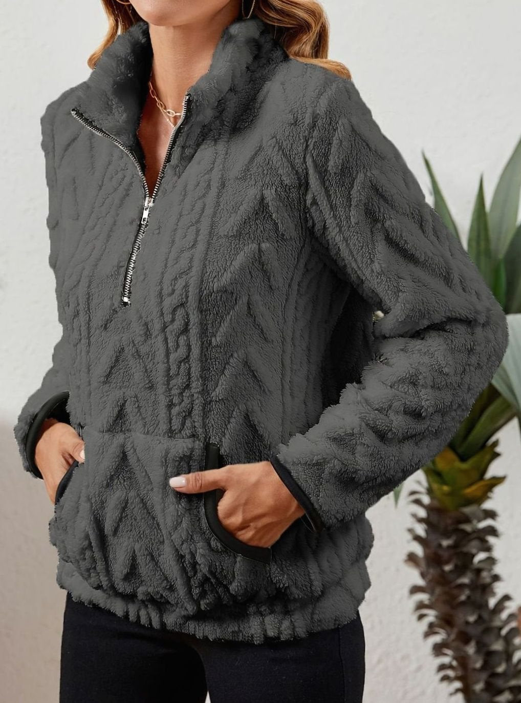 Women's Teddy-Texture Half-Zip Pullover with Pouch Pocket