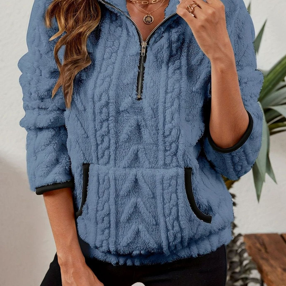 Women's Teddy-Texture Half-Zip Pullover with Pouch Pocket - Blue