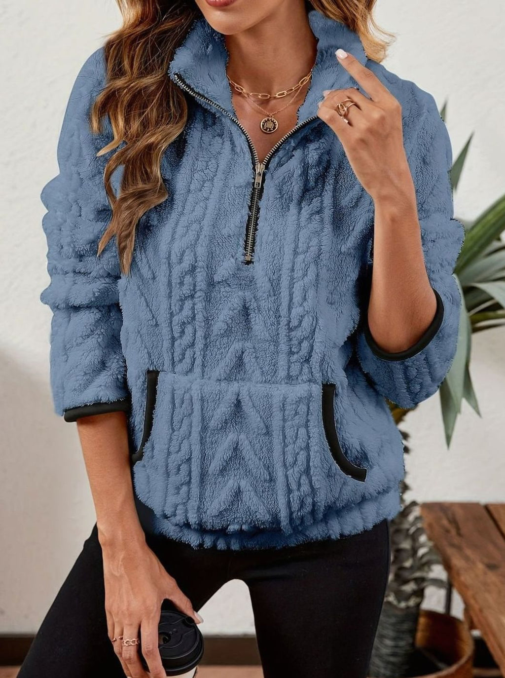 Women's Teddy-Texture Half-Zip Pullover with Pouch Pocket
