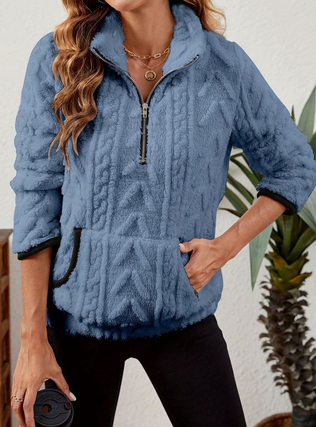 Women's Teddy-Texture Half-Zip Pullover with Pouch Pocket