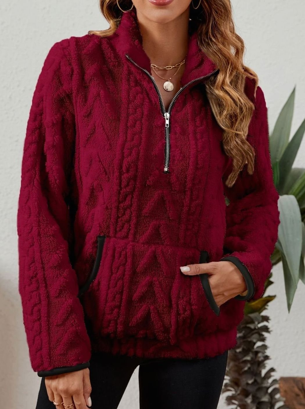 Women's Teddy-Texture Half-Zip Pullover with Pouch Pocket