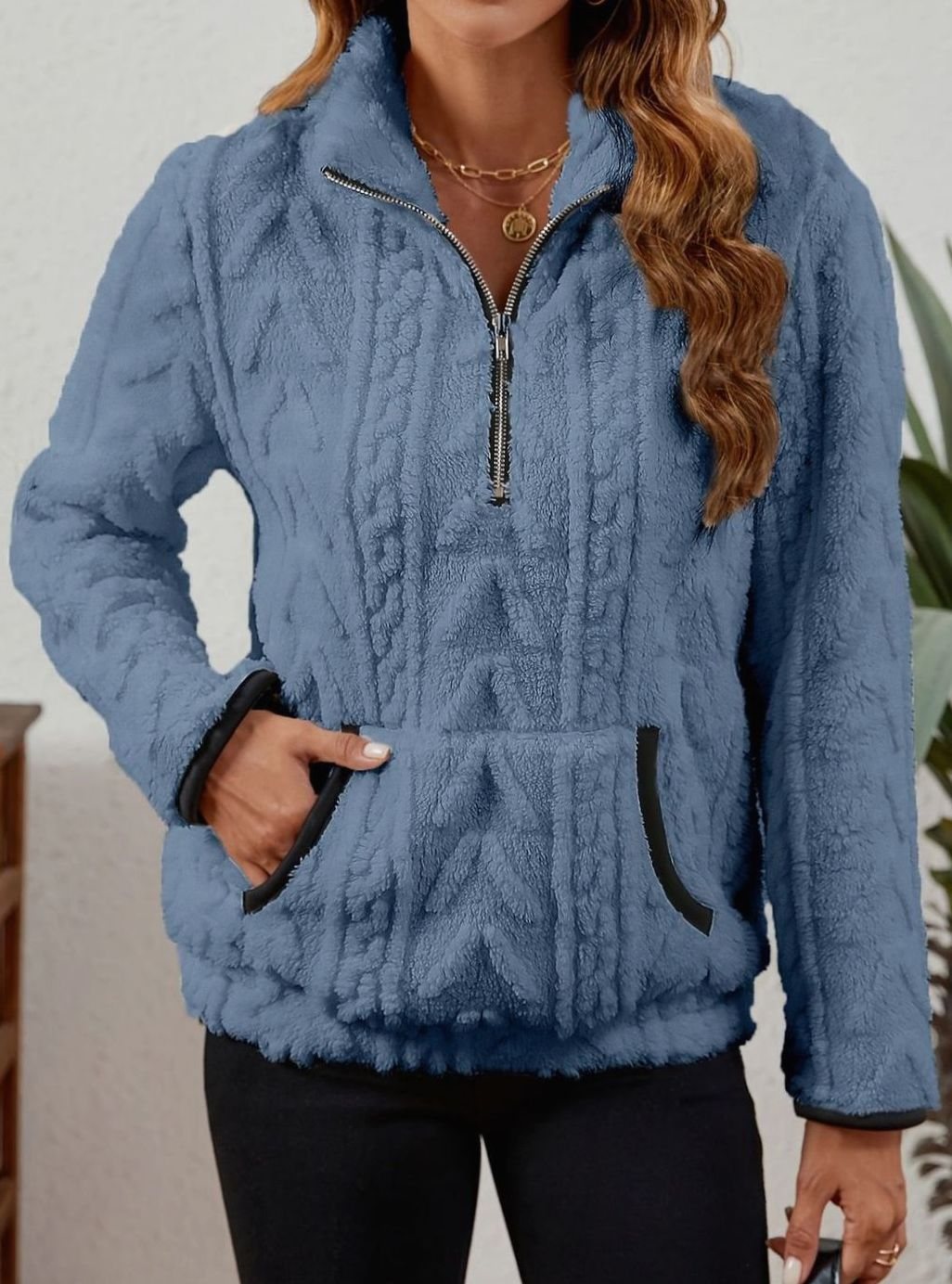 Women's Teddy-Texture Half-Zip Pullover with Pouch Pocket