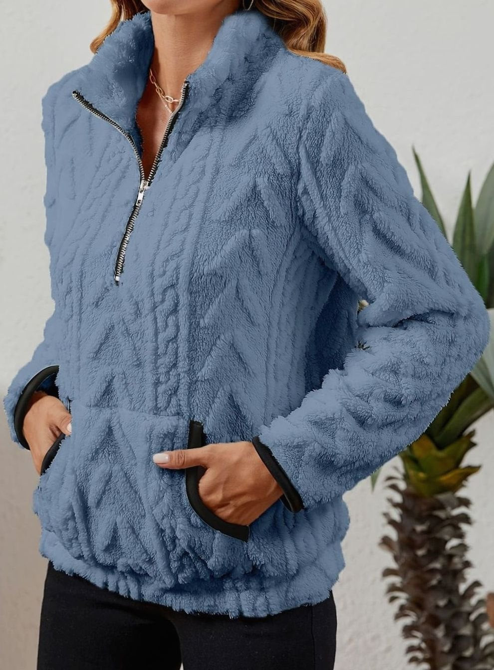 Women's Teddy-Texture Half-Zip Pullover with Pouch Pocket