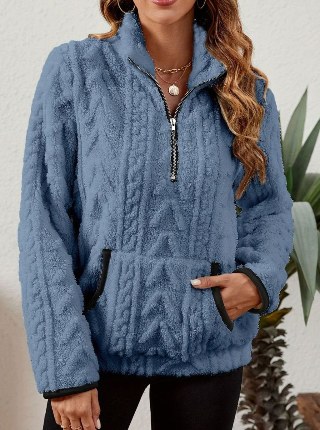 Women's Teddy-Texture Half-Zip Pullover with Pouch Pocket