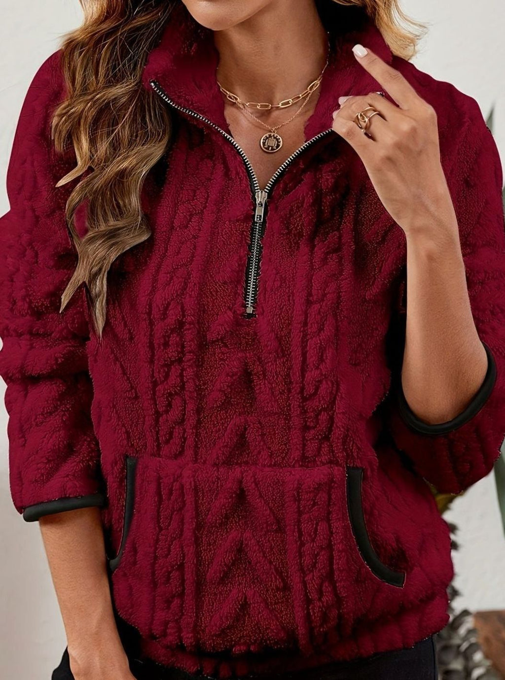 Women's Teddy-Texture Half-Zip Pullover with Pouch Pocket
