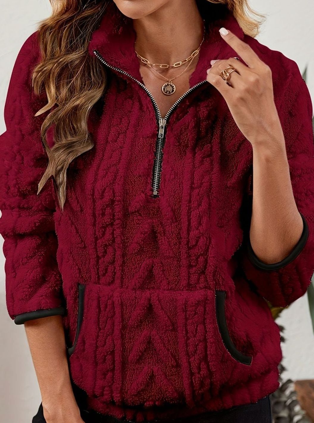 Women's Teddy-Texture Half-Zip Pullover with Pouch Pocket