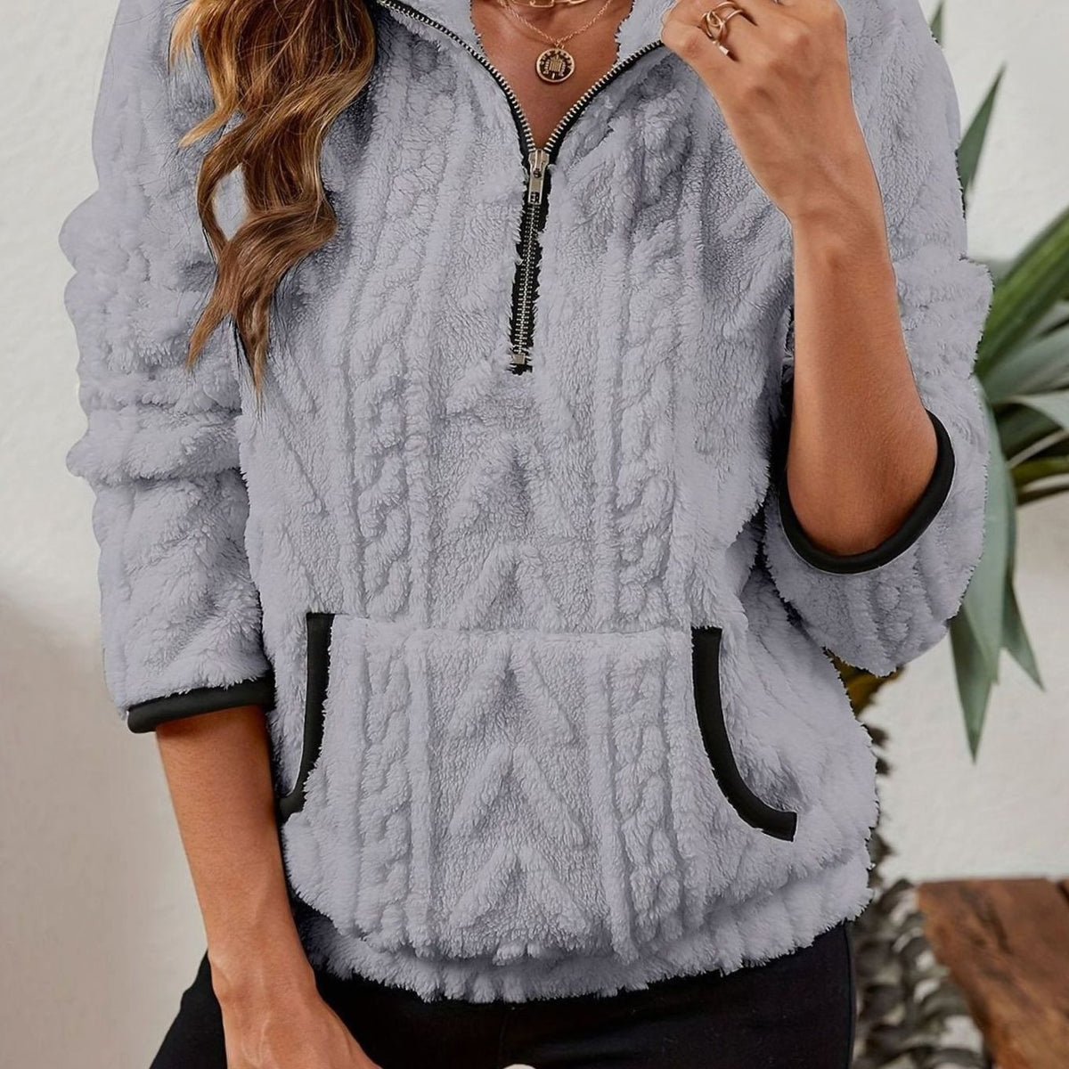 Women's Teddy-Texture Half-Zip Pullover with Pouch Pocket - Gray
