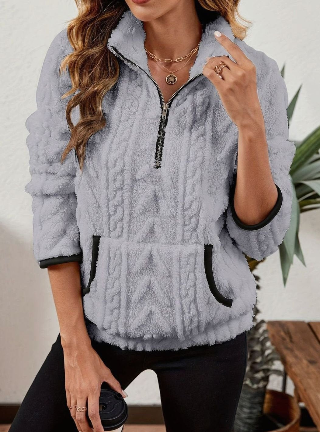 Women's Teddy-Texture Half-Zip Pullover with Pouch Pocket