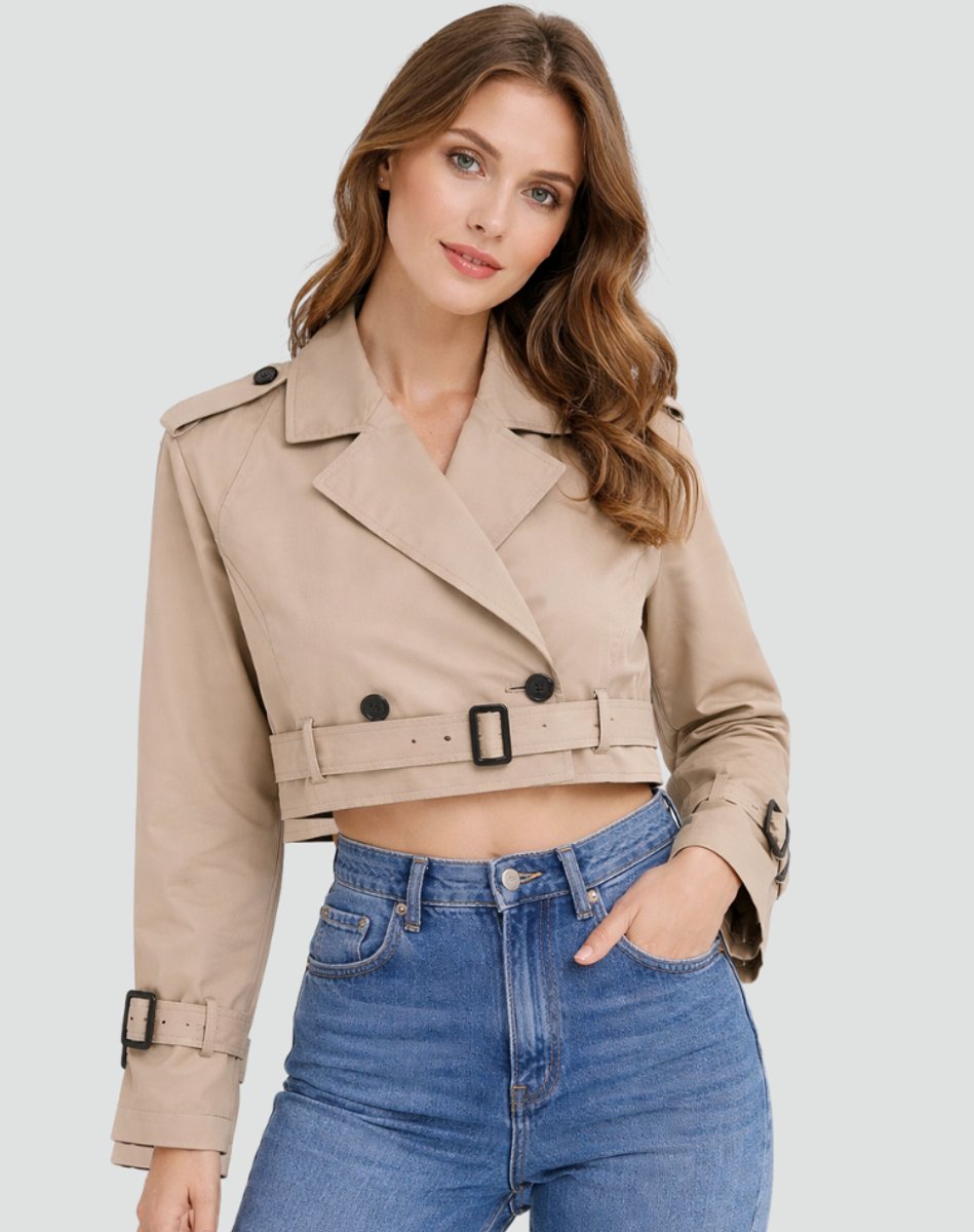 Women's Cropped Double-Breasted Belted Trench Coat Jacket