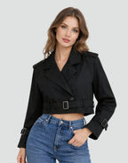 Women's Cropped Double-Breasted Belted Trench Coat Jacket