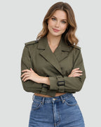 Women's Cropped Double-Breasted Belted Trench Coat Jacket