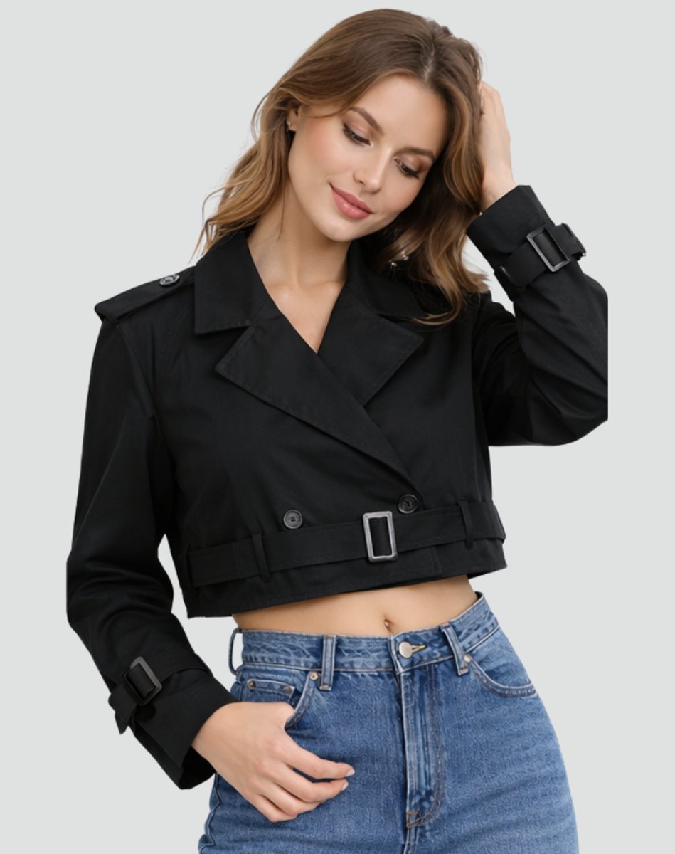 Women's Cropped Double-Breasted Belted Trench Coat Jacket