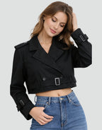Women's Cropped Double-Breasted Belted Trench Coat Jacket