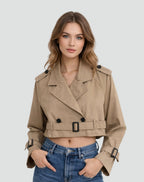 Women's Cropped Double-Breasted Belted Trench Coat Jacket