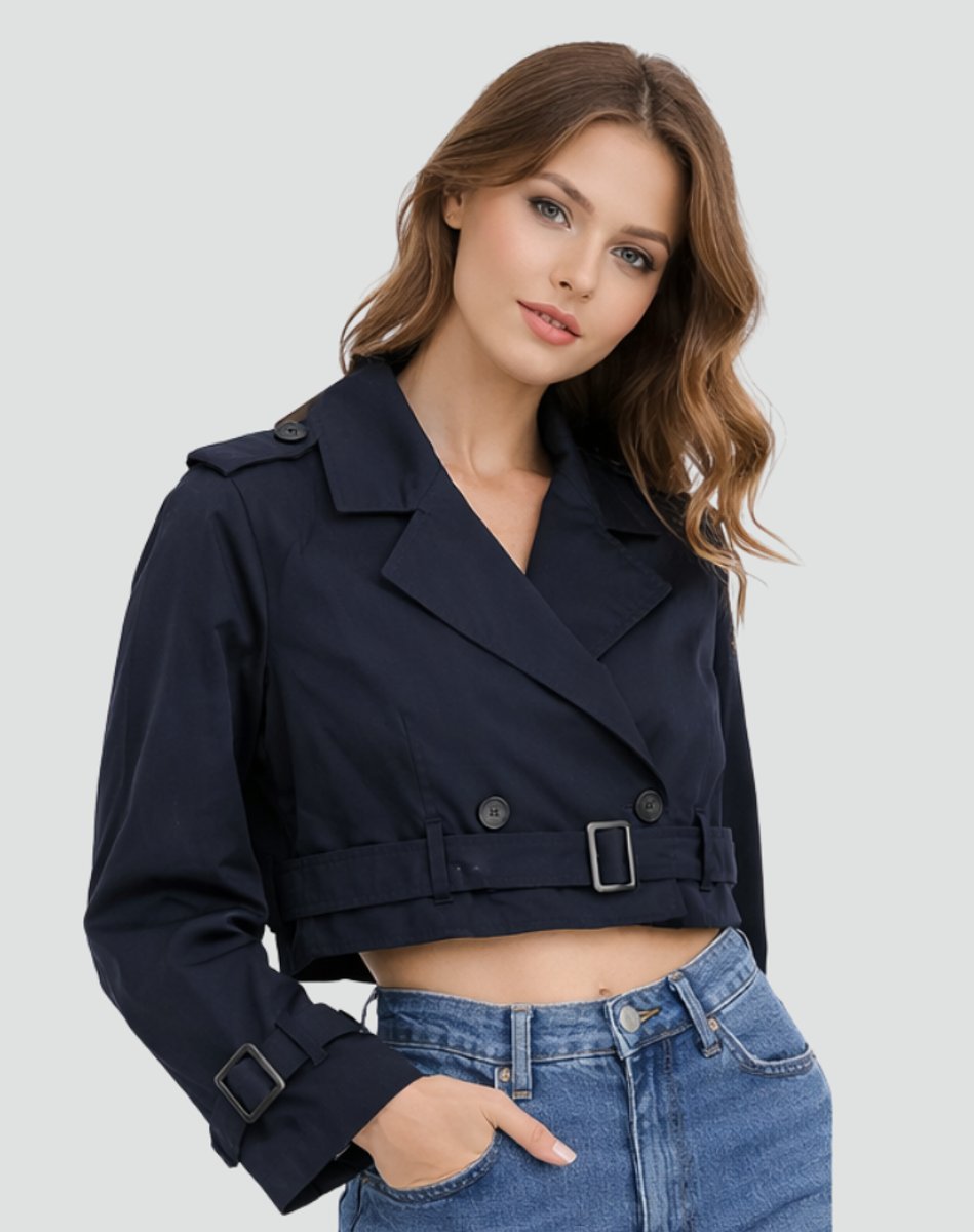 Women's Cropped Double-Breasted Belted Trench Coat Jacket