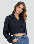 Women's Cropped Double-Breasted Belted Trench Coat Jacket