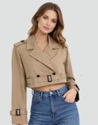 Women's Cropped Double-Breasted Belted Trench Coat Jacket