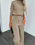 Women's Cropped Matching Top High-Waist Wide-Leg Pants Two-Piece Set