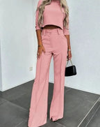 Women's Cropped Matching Top High-Waist Wide-Leg Pants Two-Piece Set