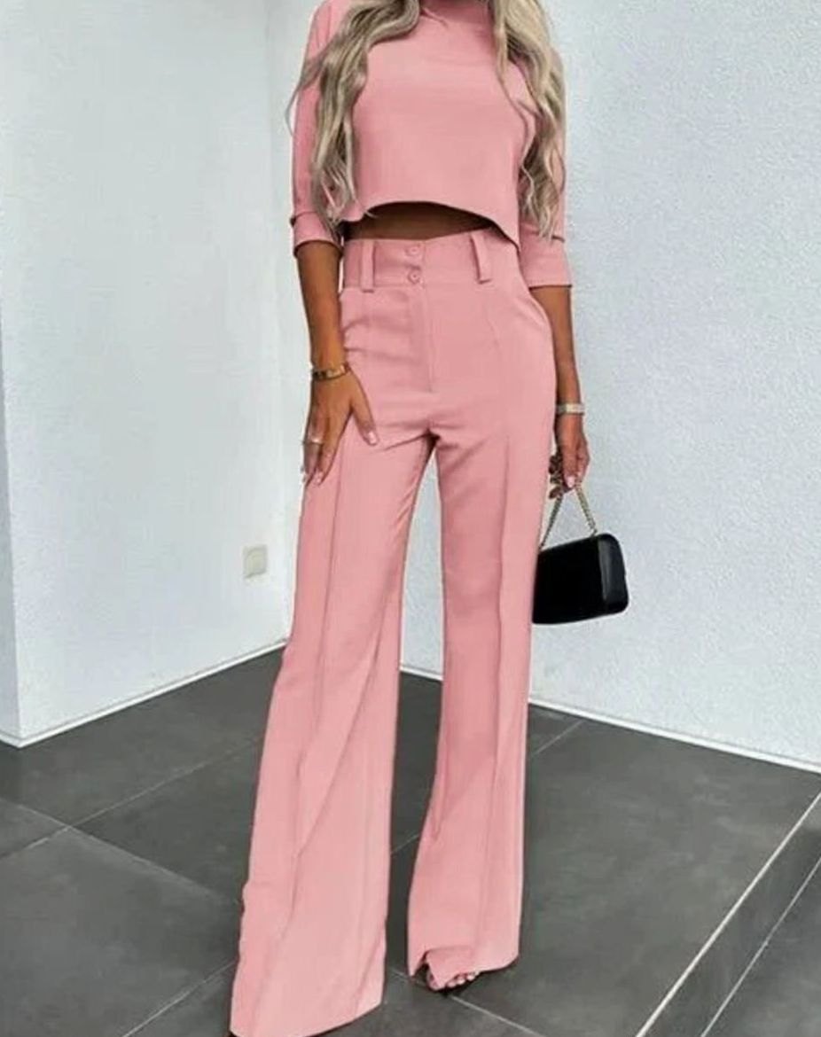 Women's Cropped Matching Top High-Waist Wide-Leg Pants Two-Piece Set