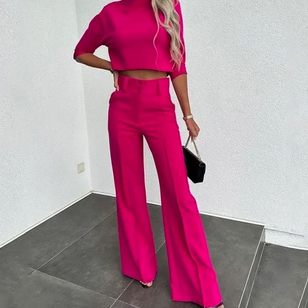 Women's Cropped Matching Top High-Waist Wide-Leg Pants Two-Piece Set