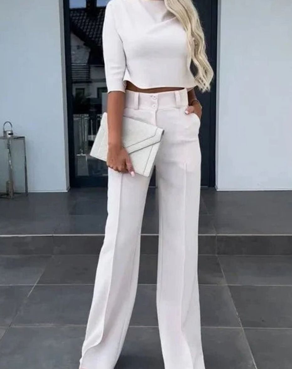 Women's Cropped Matching Top High-Waist Wide-Leg Pants Two-Piece Set