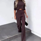 Women's Cropped Matching Top High-Waist Wide-Leg Pants Two-Piece Set