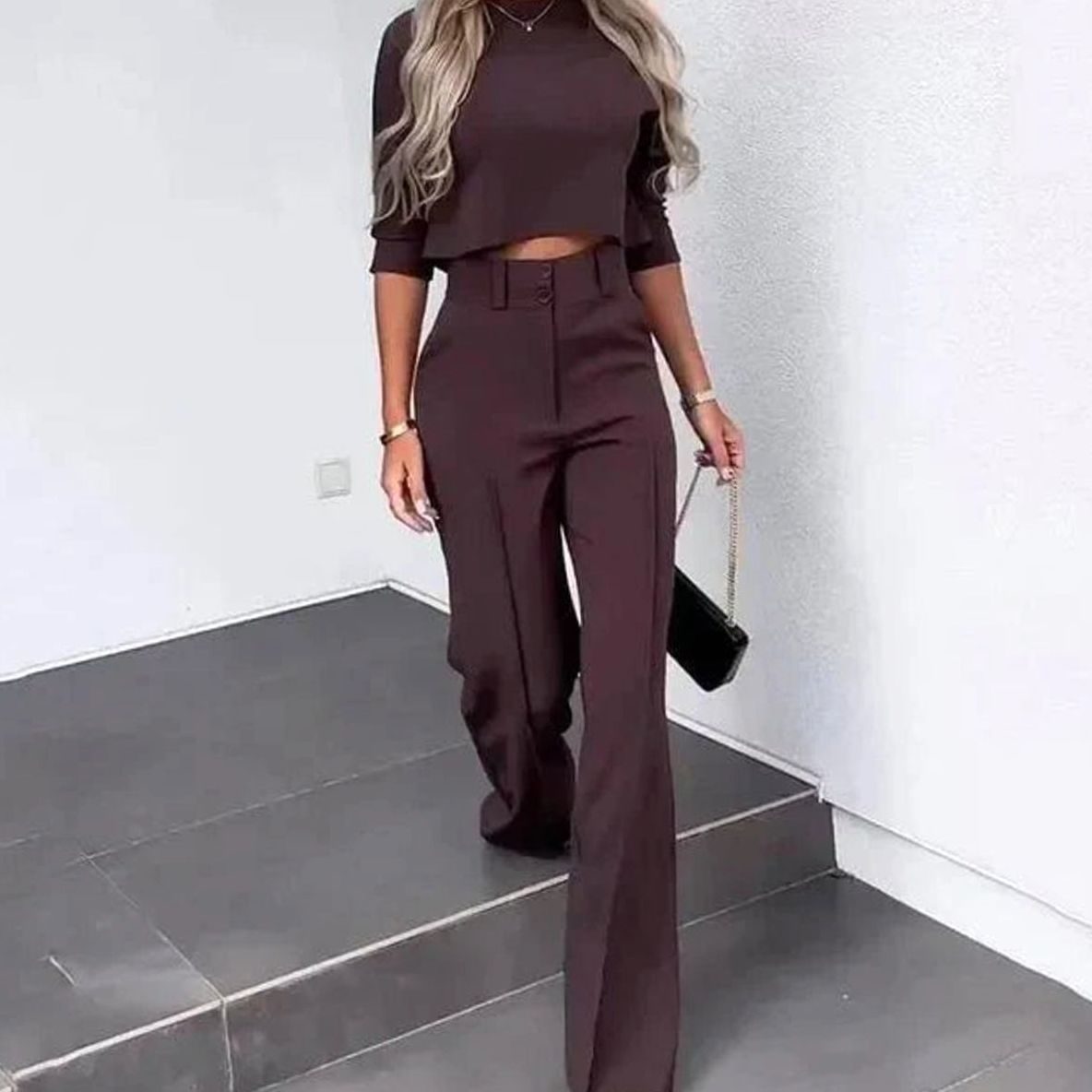 Women's Cropped Matching Top High-Waist Wide-Leg Pants Two-Piece Set