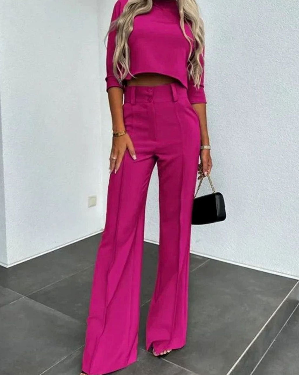 Women's Cropped Matching Top High-Waist Wide-Leg Pants Two-Piece Set